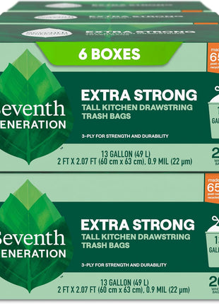 Seventh Generation Extra Strong Tall Kitchen Trash Bags 13 Gallon, 20 count (Pack of 6)-Drawstring
