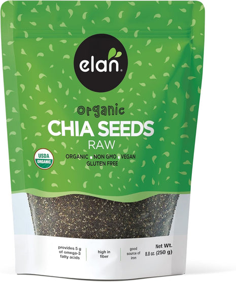 Elan Organic Chia Seeds, 8.8 oz, Natural Raw Black Chia Seeds, Plant Based, Non GMO, Vegan, Gluten Free, Kosher, Gels Easily, Superfood