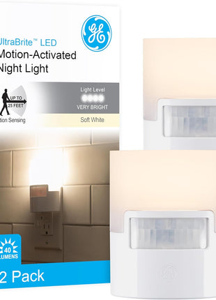 GE LED Motion Sensor Night Light, Plug into wall, 40 Lumens, Soft White, UL-Certified, Energy Efficient, Ideal Nightlight for Bedroom, Bathroom, Kitchen, Hallway, 46632, White, 2 Pack