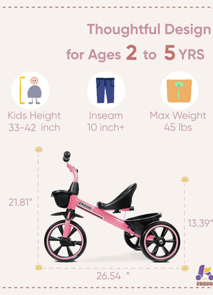 KRIDDO Toddler Tricycle for Toddlers Age 2-5, Tool-Free Trike | Tricycles for 3-5 Year Olds, Pink, Easy to Assemble, 2 Year Old Girl Birthday Gift, Outdoor Toys