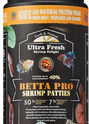 Ultra Fresh Betta Fish Food, Pro Shrimp Patties, 50% Sword Prawns + Akiami Paste Shrimps, All Natural Protein, Rich in Calcium, for Betta's Healthy Development and Cleaner Water, 0.7 oz