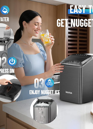 inoviva Nugget Ice Maker Countertop, 40lbs/24H Soft Chewable Pellet Ice Machine with Self-Cleaning, Sonic Ice Maker for Home Kitchen,Office - Black Stainless