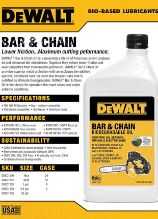 DEWALT – Biodegradable Bar & Chain Oil – Green, Eco-Friendly, Non-Toxic Professional Bar & Chainsaw Lubricant – Ultraclean All-Season Oil for Gas, Electric Saw, and Pole Saw, 16 oz
