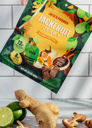 Jack & Friends Jackfruit Jerky Ginger Teriyaki - Plant Based Vegan Jerky Snack, Healthy Meatless Jerky Alternative Made from Jackfruit, 13g Protein, 8g Fiber, Gluten Free, Soy Free, Low Sugar, 2.2 oz (1 Pack)