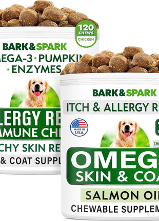 BARK&SPARK Allergy Relief Dog Treats + Omega 3 for Dogs Bundle - Fish Oil Chews for Dog Shedding, Skin Allergy, Itch Relief, Hot Spots Treatment - Joint Health - Skin and Coat Supplement