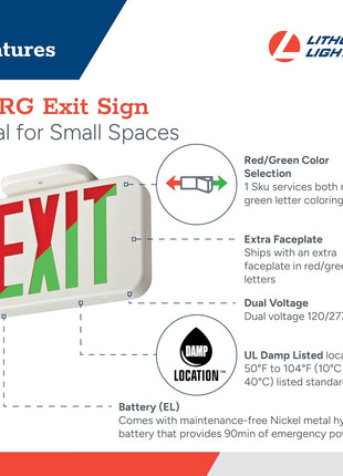 Lithonia Lighting Single-Sided LED Exit Sign, Thermoplastic Construction, Switchable Red and Green Colors, Ni-MH Backup Battery, Includes Extra Faceplate, White (EXRG EL M6)