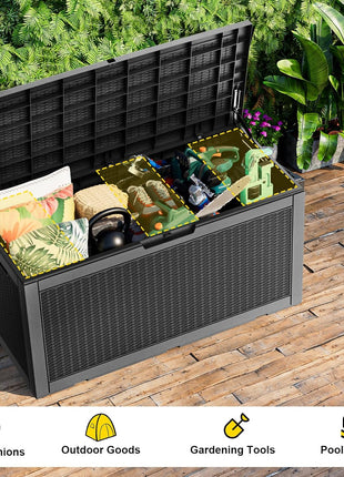 100 Gallon Deck Box,Resin Outdoor Storage Box with Lockable for Patio Furniture, Pool Accessories, Garden Tools Waterproof Outside Storage Box, Black