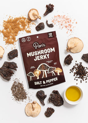 Pan's Mushroom Jerky, Organic, Vegan Snacks, Mushrooms Shitake, Meatless Jerky, Gluten Free, High in Fiber, Variety pack of Original, Zesty Thai, Salt & Pepper, BBQ (2.2 Ounce, Pack of 4)