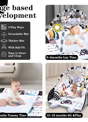 Baby Gym Play Mat, 8-in-1 Tummy Time Mat & Activity Gym, Washable Ball Pit, Infant Play Mat with Detachable Toys for Sensory Exploration and Motor Skill Development