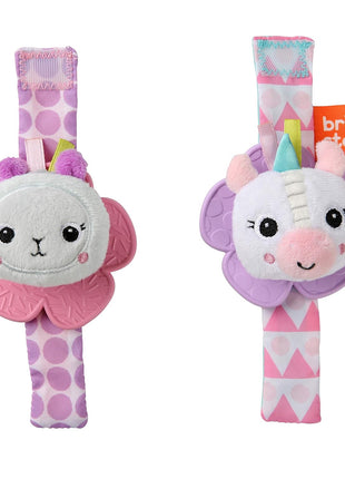 Bright Starts Rattle & Teethe Wrist Pals Toy, Unicorn & Llama, Newborn+, 2 Count