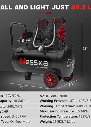 10 Gallon Ultra Quiet Air Compressor with Two Quick Couplers, 2HP 8.76 CFM@ 115PSI Pressure Oil-Free Air Compressor Tank, 70dB Quiet Compressor for Auto Repair, Tire Inflation 110V/60hz