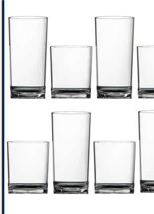 US Acrylic Classic Clear Plastic Reusable Drinking Glasses (Set of 8) 12oz Rocks & 16oz Water Cups | BPA Free Tumblers, Made in USA | Top Rack Dishwasher Safe