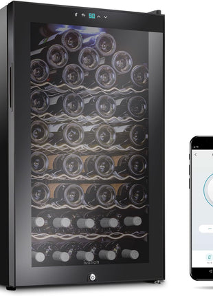 Ivation 51 Bottle Compressor Wine Cooler Refrigerator with Wi-Fi Smart App Control Cooling System | Large Freestanding Wine Cellar Fridge For Red White Champagne or Sparkling, Black Glass Door & Lock