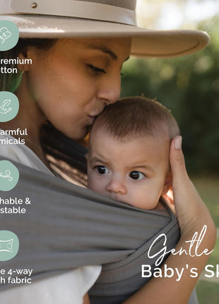 Boba Baby Wrap Carrier - Stretch Cotton Newborn Sling, Grey | Breathable, Hands-Free Babywearing Carrier Wrap; ergonomic, secure hold for newborn to toddler 7-35 lbs.