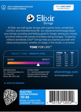 Elixir Strings, Electric Guitar Strings, Nickel Plated Steel with NANOWEB Coating, Longest-Lasting Bright Tone with Comfortable Feel, 6 String Set, Light 10-46