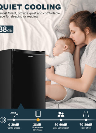 Upstreman 3.2 Cu.Ft Mini Fridge with Freezer, Quiet Efficient Small Fridge, Compact Refrigerator with Adjustable Thermostat, for Dorm, Bedroom, Office, Black-BR321
