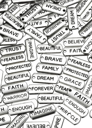 Hicarer Word Charms Pendants Engraved Motivational Charms Pendants Jewelry Making Accessories for DIY Necklaces, Bracelets, Key Chains(Silver,80 Pcs)