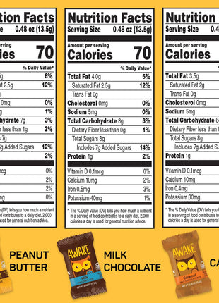 AWAKE - Caffeinated Chocolate Bites - 50mg Caffeine - Variety Pack (3 Flavors), 50 Bites - Peanut Butter, Milk, & Caramel - Energy Bites - Coffee Alternative - Fairtrade, Gluten Free, Non GMO - 0.48oz