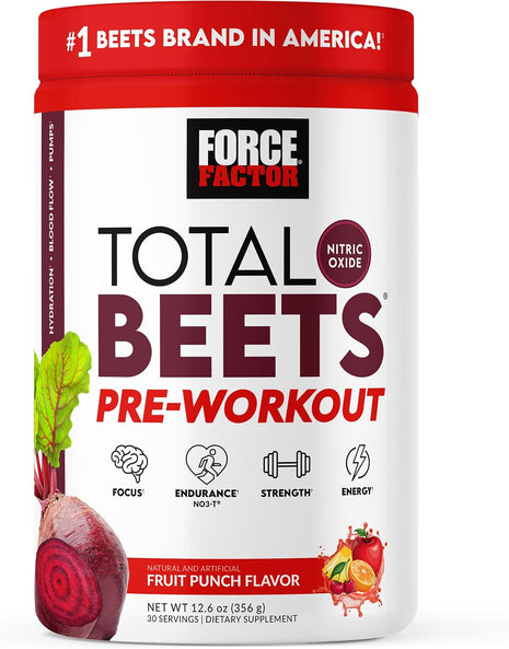 Force Factor Total Beets Pre-Workout Powder to Boost Energy & Endurance | Increase Strength, Improve Blood Flow & Pumps, Nitric Oxide Supplement with Beet Root Powder, Fruit Punch, 30 Servings