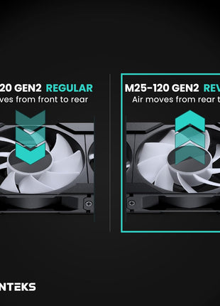 Phanteks M25-120 Gen2 Reversed Blade, 120mm ARGB High Performance Cooling Fans, Daisy-Chain Unified Fan Frame, Infinity Mirror hub, Single Cable Connection, Black