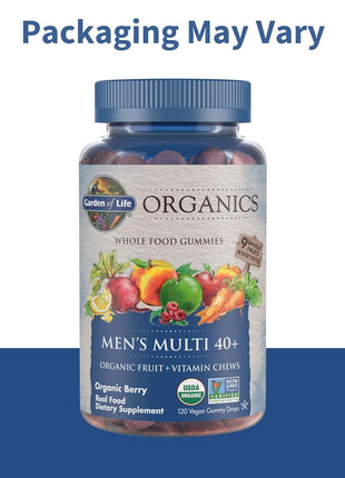 Garden of Life Organics Men 40+ Gummy Multivitamin, 120 Gummies | Certified Organic, Non-GMO, Vegan, Kosher, Complete Multi Methyl B12, C & D3, Gluten, Soy & Dairy Free, Real Fruit