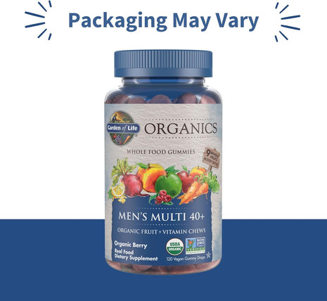 Garden of Life Organics Men 40+ Gummy Multivitamin, 120 Gummies | Certified Organic, Non-GMO, Vegan, Kosher, Complete Multi Methyl B12, C & D3, Gluten, Soy & Dairy Free, Real Fruit