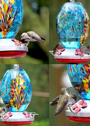 Muse Garden Glass Humming Bird Feeders for Outdoors - 27OZ Blown Glass Hummingbird Feeder - Unique Gift Mom Women, Outdoors Hanging Garden Decor, Includes Ant Moat & Brush, Blue Fireworks