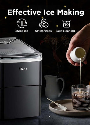 Silonn Ice Maker Countertop, 9 Cubes Ready in 6 Mins, 26lbs in 24Hrs, Self-Cleaning Ice Machine with Ice Scoop and Basket, 2 Sizes of Bullet Ice for Home Kitchen Office Bar Party