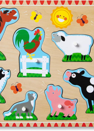 Melissa & Doug Farm Animals Sound Puzzle – 8-Piece Wooden Peg Puzzle with Light-Activated Sounds, Music Learning Toy for Toddlers and Preschoolers Ages 2+