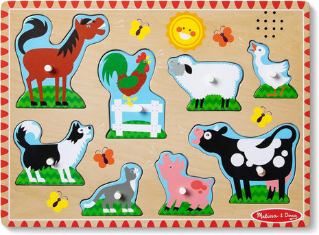 Melissa & Doug Farm Animals Sound Puzzle – 8-Piece Wooden Peg Puzzle with Light-Activated Sounds, Music Learning Toy for Toddlers and Preschoolers Ages 2+