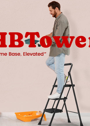 HBTower Step Ladder, Folding Step Stool with Wide Anti-Slip Pedal, Sturdy Steel Ladder, Convenient Handrail, Lightweight, Portable Steel Step Stool