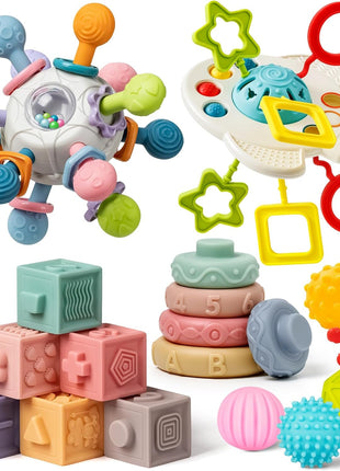 Baby Toys 6 to 12 Months, 5 In 1 Montessori Toys for 1 Year Old, Incl Travel Pull String Toy & Rattle Teether & Stacking Baby Block & Soft Infant Ring & Sensory Ball for Toddler 0-3-6-9-12 Month