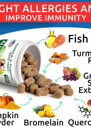 Allergy Relief Dog Treats - Itchy Skin Relief - Omega 3 + Pumpkin + Enzymes - Seasonal Allergies - Anti-Itch & Hot Spots - Immune Supplement - 300 Chews - Peanut Butter + Chicken Flavor - Made in USA