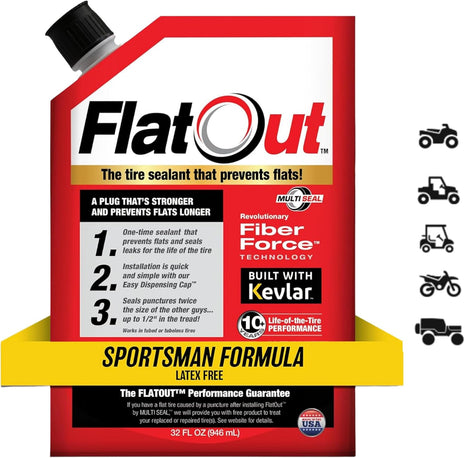 FlatOut Tire Sealant Sportsman Formula - Prevent Flat Tires, Seal Leaks, Contains Kevlar, 32-Ounce Bag, 1-Pack
