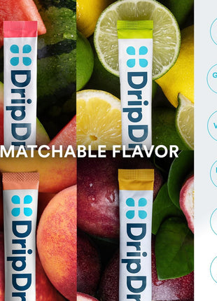 DripDrop Sugar Free Hydration Packets   Zero Classic Variety Pack   Single Serve Electrolytes Powder Drink Mix   Lemon Lime, Watermelon, Peach, Passion Fruit   Non GMO, Gluten Free, Vegan   32 Sticks