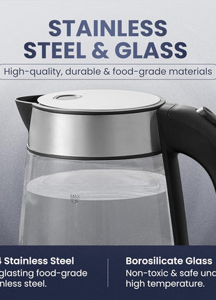 Elite Gourmet EKT-602 BPA-Free Electric Glass Kettle, Cordless 360° Base | Stylish Blue LED Interior, Auto Shut-Off Function, Quickly Boil Water for Tea & More