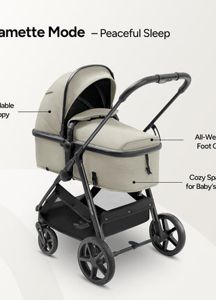 Mompush Wiz 2-in-1 Bassinet Stroller Reversible Seat, One-Hand Fold, Khaki | Newborn to toddler, large wheels with suspension, multi-position recline, UPF 50+ canopy, large basket, cup holder included