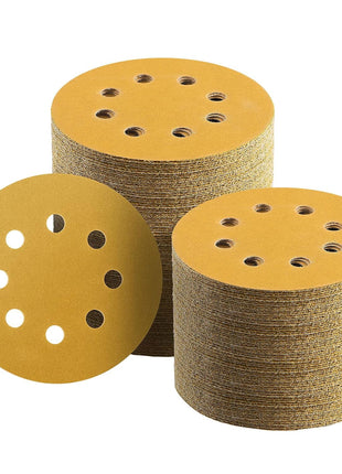 100 Pcs 5 Inch Sanding Discs Hook and Loop, 220 Grit Sandpaper for Woodworking or Automotive, 8 Hole Gold Premium Dustless Random Orbit Sandpaper