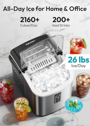 EUHOMY Ice Maker Countertop, 9 Cubes Ready in 6 Mins, 26lbs/24H, Self-Cleaning, Portable Ice Maker Machine with Carry Handle, Basket and Scoop, 2 Sizes of Bullet Ice for Home, Kitchen, Office