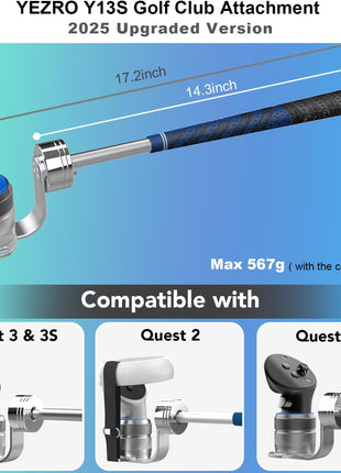 YEZRO Y13S Golf Club Attachment for Meta Quest 3S/3 - Adjustable Weighted Aluminum VR Golf Club Handle Accessories for Golf + with Real Grip, 90 Degree Design Keep Tracking 2025 Upgraded Version