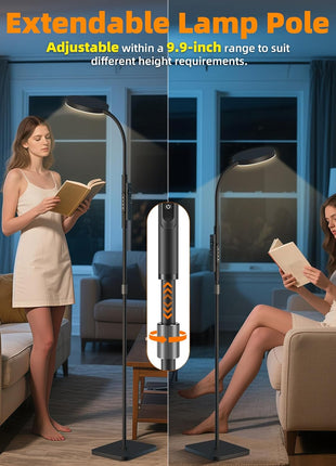 PACOVY Floor Lamp, Adjustable Height Floor Lamps for Living Room Bedroom, 120 LED Super Bright Standing Lamp Remote & Touch Control Dimmable Gooseneck Tall Stand Reading Lamp for Office Craft, Black