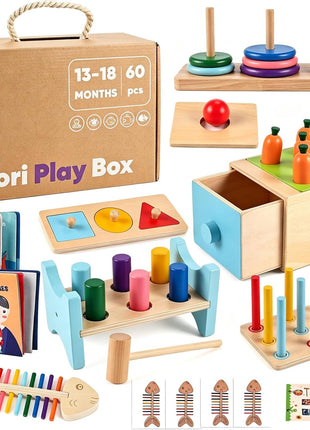 Montessori Toys for 1+ Year Old, 9-in-1 Learning Educational Toys | Wooden Montessori Toys with 3-in-1 Activity Box, Pound Bench, Shape Puzzle, Cloth Books, Fishbone Matching & Ring Stacker