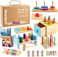 Wooden Montessori Toys for 1+ Year Old, 9-in-1 Learning Educational Set with 3-in-1 Activity Box, Pound Bench, Shape Puzzle, Cloth Books, Fishbone Matching & Ring Stacker