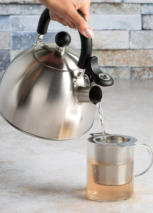 Primula Stewart Whistling Tea Kettle for Stovetop, Stainless Steel Stove Top Kettle with Fast Boil Whistling Spout and Cool Touch Folding Handle, 1.5-Quart, Brushed Silver with Black Handle