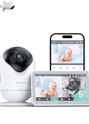 Dr.Care VistaView 5inch Smart WiFi Baby Monitor with Clip Mount - 2K HD Camera, App Control, Cry & Motion Alerts, Night Vision, 5000mAh Battery, 2-Way Talk, Multi-User, Triple Security