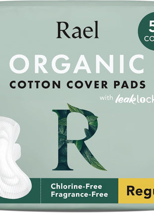 Rael Organic Cotton Cover Pads   Regular Absorbency, Unscented, Ultra Thin Pads with Wings for Women (56 Total)