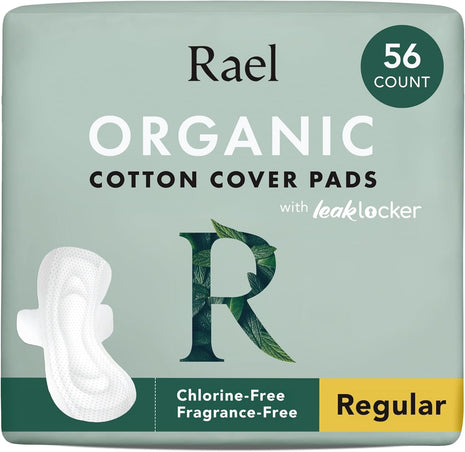 Rael Organic Cotton Cover Pads   Regular Absorbency, Unscented, Ultra Thin Pads with Wings for Women (56 Total)