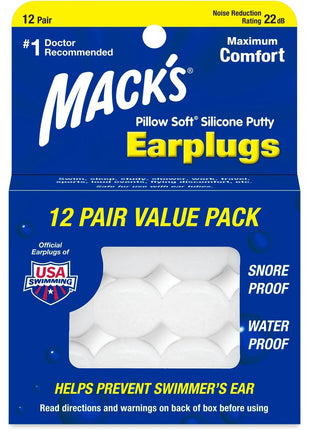 Mack's Pillow Soft Silicone Earplugs, 12 Pair – The Original Moldable Silicone Putty Ear Plugs for Sleeping, Snoring, Swimming, Travel, Concerts and Studying | Made in USA