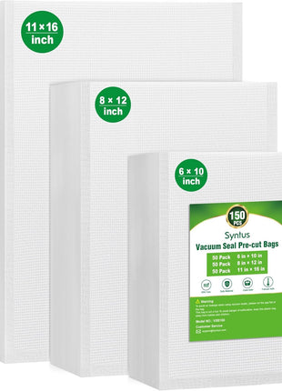 Syntus Vacuum Sealer Bags, 150 Gallon 11 inch x 16 inch and Quart 8 inch x 12 inch and Pint 6 inch x 10 inch Commercial Grade PreCut Bag, BPA Free Food Vac Bags for Storage, Meal Prep or Sous Vide