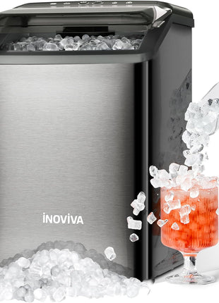 inoviva Nugget Ice Maker Countertop, 40lbs/24H Soft Chewable Pellet Ice Machine with Self-Cleaning, Sonic Ice Maker for Home Kitchen,Office - Black Stainless